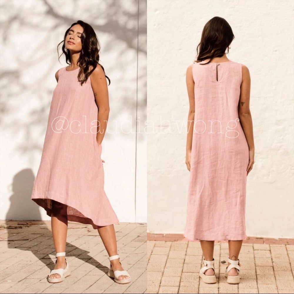 MAGIC LINEN Toscana 100% Linen Dress in Light Coral Pink ASO Meghan Markle